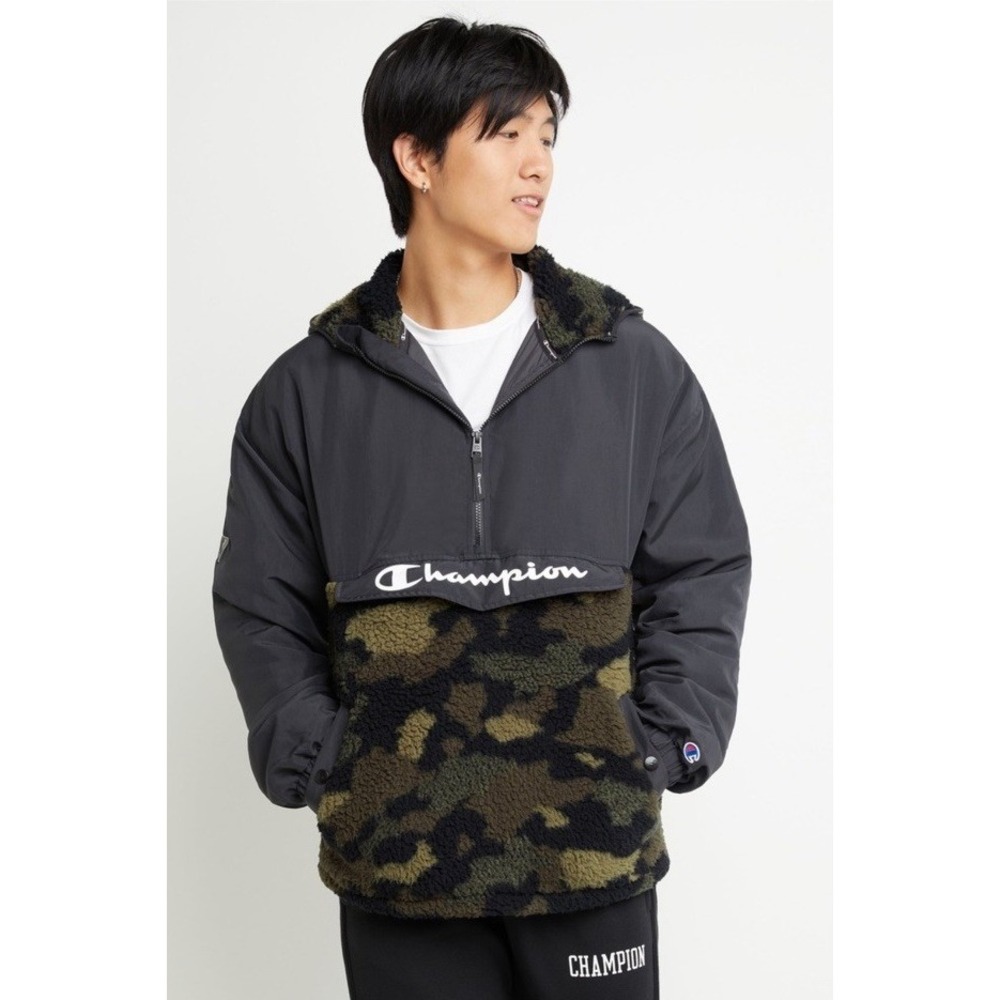 Champion Mens Anorak Jacket Hoodie High Pile Camouflage Green Warm Hood 1/4 Zip